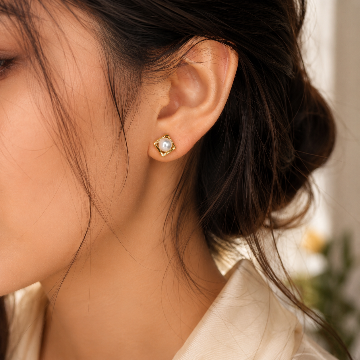 Celeste Pearl Diamond Gold Stud Earrings