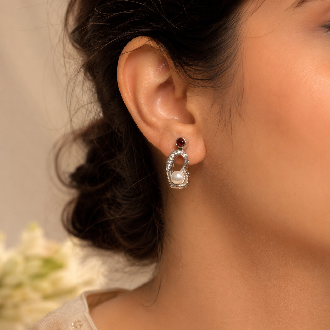 Ruby Pearl Diamond White Gold Designer Earrings